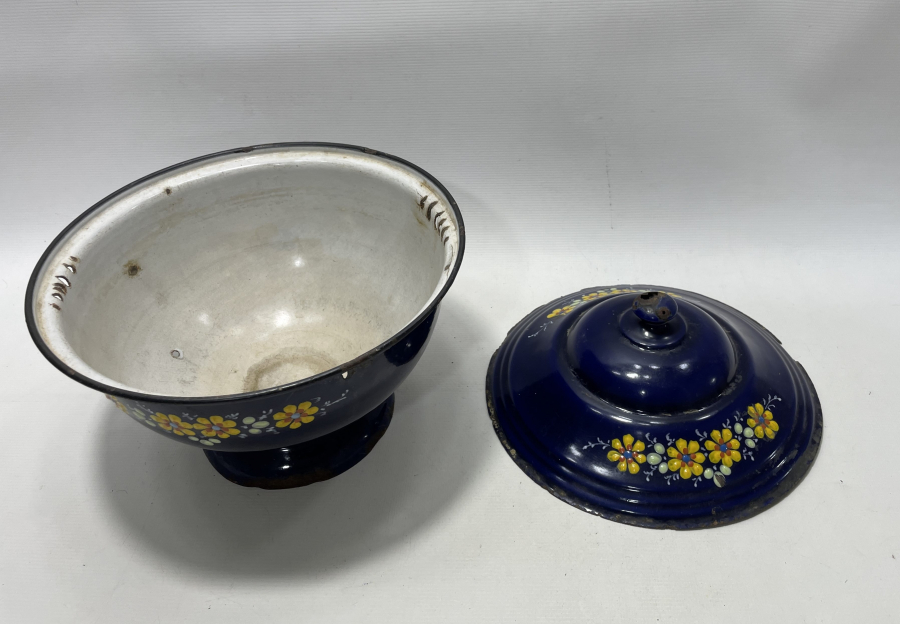 ALTI OSMANLICA YAZILI OSMANLI DÖNEMİ MİNELİ EMAYE KAPAKLI BÜYÜK BOY KASE