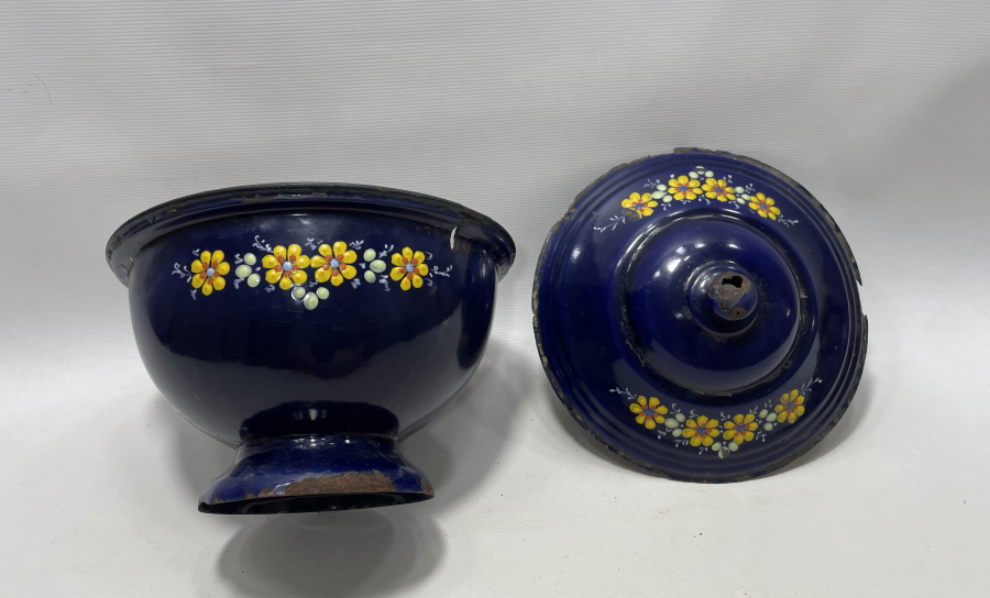 ALTI OSMANLICA YAZILI OSMANLI DÖNEMİ MİNELİ EMAYE KAPAKLI BÜYÜK BOY KASE