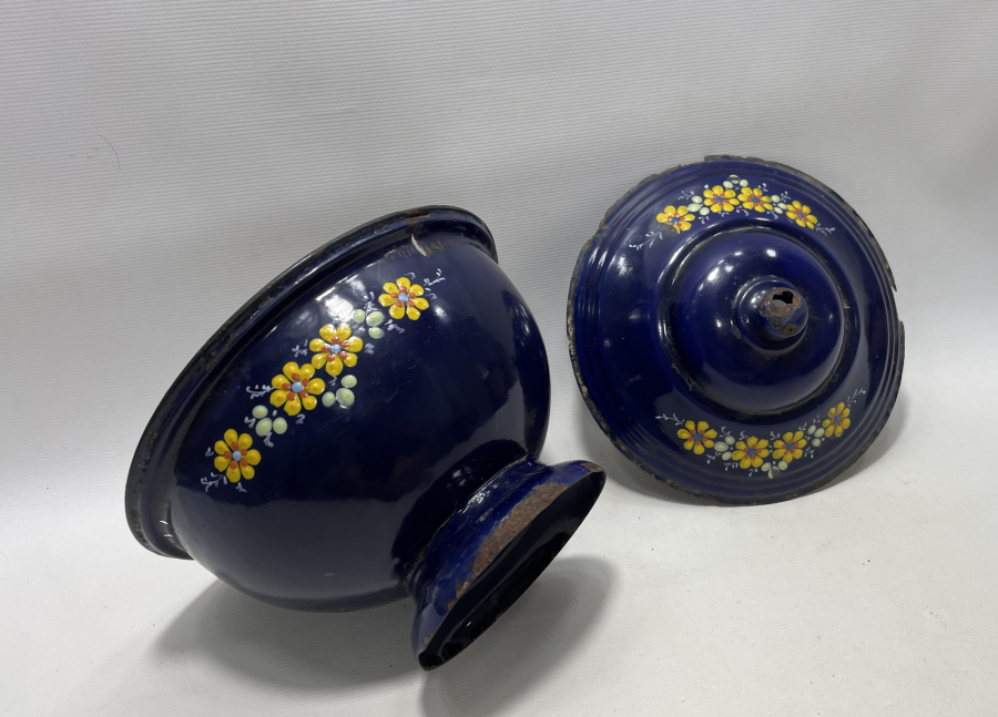 ALTI OSMANLICA YAZILI OSMANLI DÖNEMİ MİNELİ EMAYE KAPAKLI BÜYÜK BOY KASE