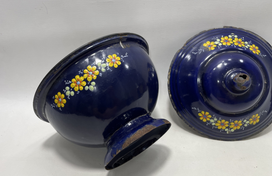 ALTI OSMANLICA YAZILI OSMANLI DÖNEMİ MİNELİ EMAYE KAPAKLI BÜYÜK BOY KASE