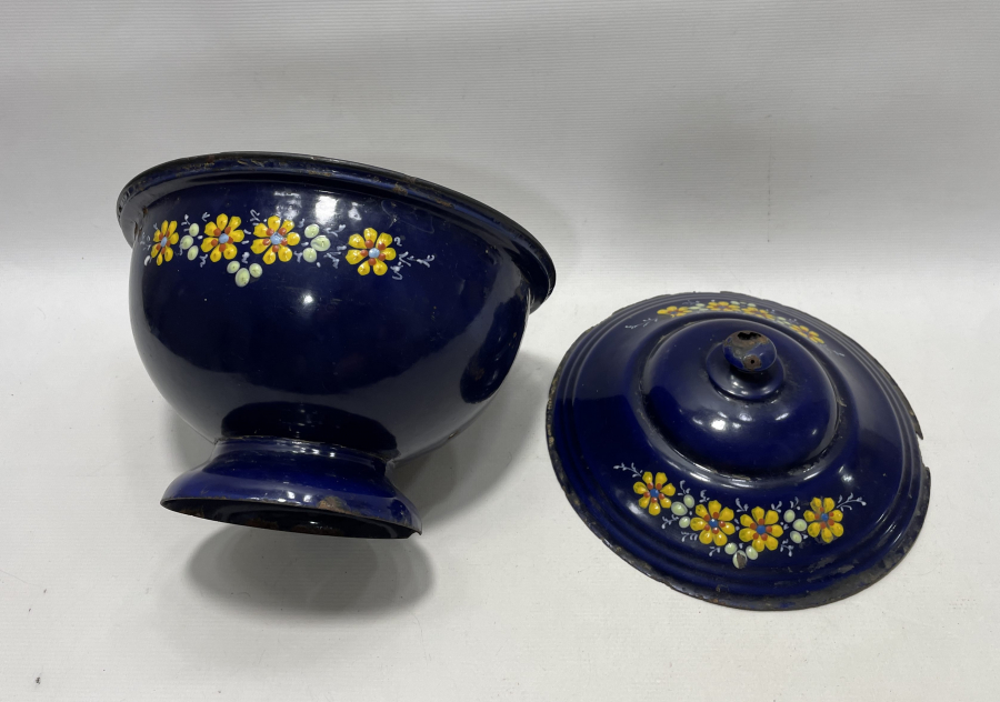 ALTI OSMANLICA YAZILI OSMANLI DÖNEMİ MİNELİ EMAYE KAPAKLI BÜYÜK BOY KASE