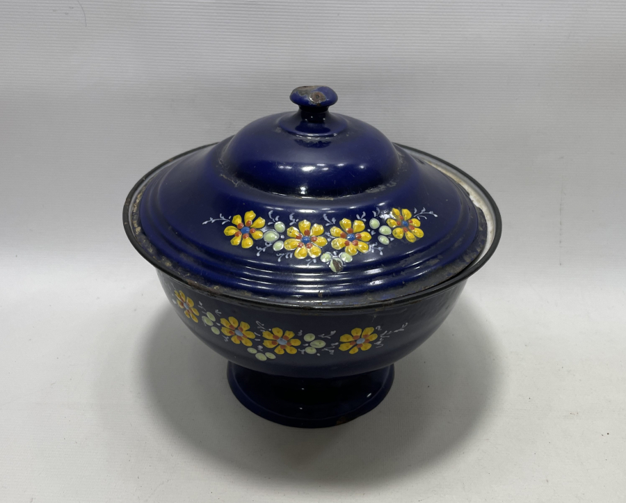 ALTI OSMANLICA YAZILI OSMANLI DÖNEMİ MİNELİ EMAYE KAPAKLI BÜYÜK BOY KASE