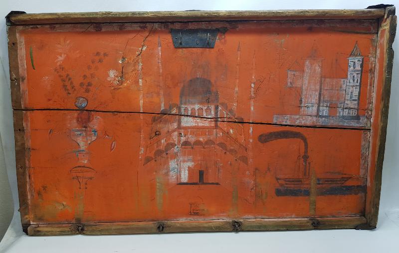 OSMANLI DÖNEMİ ÇOK NADİR SULTAN SELİM CAMİİ, KULELİ ASKERİ LİSESİ VE TÜRK BAYRAKLI GEMİ RESİMLİ SANDIK KAPAĞI