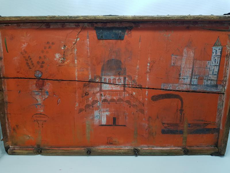 OSMANLI DÖNEMİ ÇOK NADİR SULTAN SELİM CAMİİ, KULELİ ASKERİ LİSESİ VE TÜRK BAYRAKLI GEMİ RESİMLİ SANDIK KAPAĞI