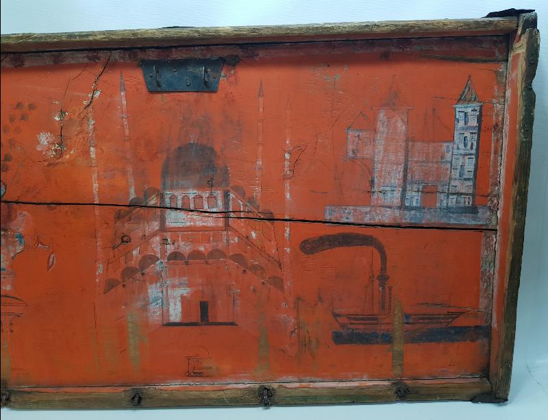 OSMANLI DÖNEMİ ÇOK NADİR SULTAN SELİM CAMİİ, KULELİ ASKERİ LİSESİ VE TÜRK BAYRAKLI GEMİ RESİMLİ SANDIK KAPAĞI