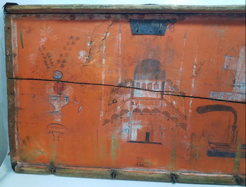 OSMANLI DÖNEMİ ÇOK NADİR SULTAN SELİM CAMİİ, KULELİ ASKERİ LİSESİ VE TÜRK BAYRAKLI GEMİ RESİMLİ SANDIK KAPAĞI