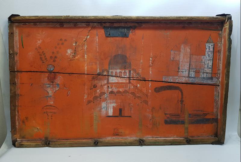 OSMANLI DÖNEMİ ÇOK NADİR SULTAN SELİM CAMİİ, KULELİ ASKERİ LİSESİ VE TÜRK BAYRAKLI GEMİ RESİMLİ SANDIK KAPAĞI