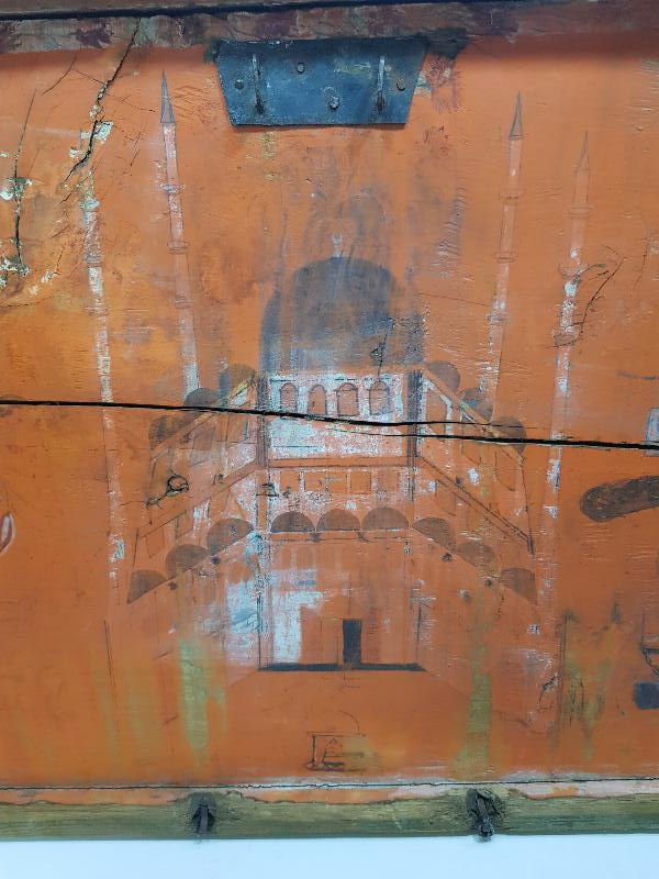 OSMANLI DÖNEMİ ÇOK NADİR SULTAN SELİM CAMİİ, KULELİ ASKERİ LİSESİ VE TÜRK BAYRAKLI GEMİ RESİMLİ SANDIK KAPAĞI