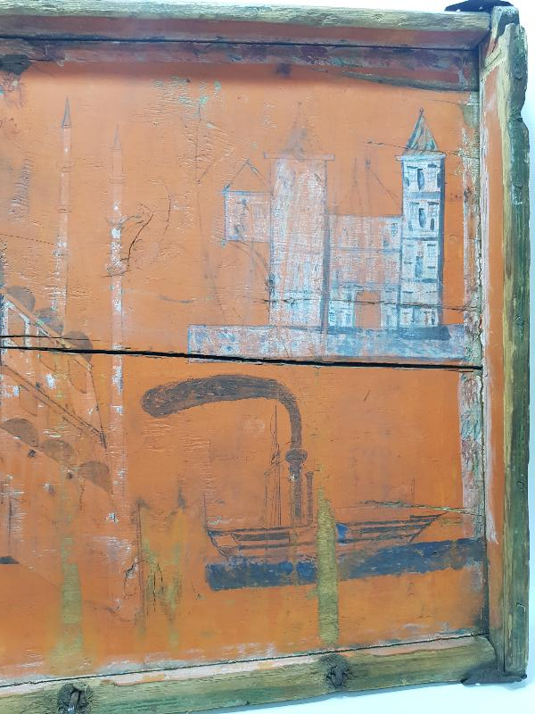 OSMANLI DÖNEMİ ÇOK NADİR SULTAN SELİM CAMİİ, KULELİ ASKERİ LİSESİ VE TÜRK BAYRAKLI GEMİ RESİMLİ SANDIK KAPAĞI