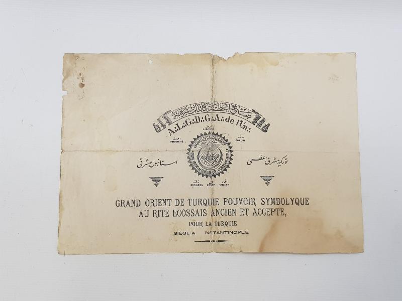 OSMANLICA ÇOK NADİR MASON BELGESİ 