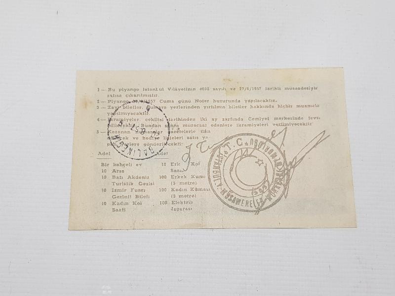 1957 İSTANBUL GAZETECİLERİNİN EV VE EŞYA PİYANGOSU BİLETİ