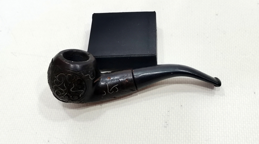 GÜMÜŞ ÇAKMA İŞÇİLİKLİ VE OSMANLICA YAZILI AFYON İŞİ PİPO