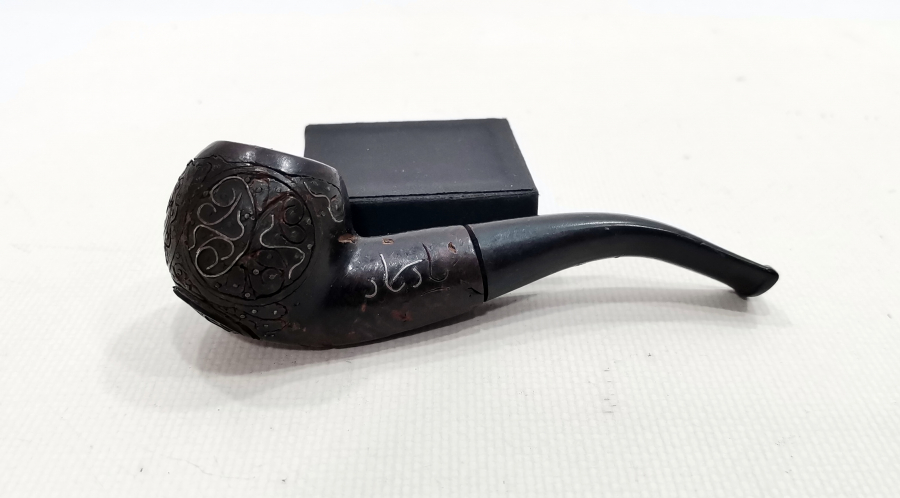 GÜMÜŞ ÇAKMA İŞÇİLİKLİ VE OSMANLICA YAZILI AFYON İŞİ PİPO