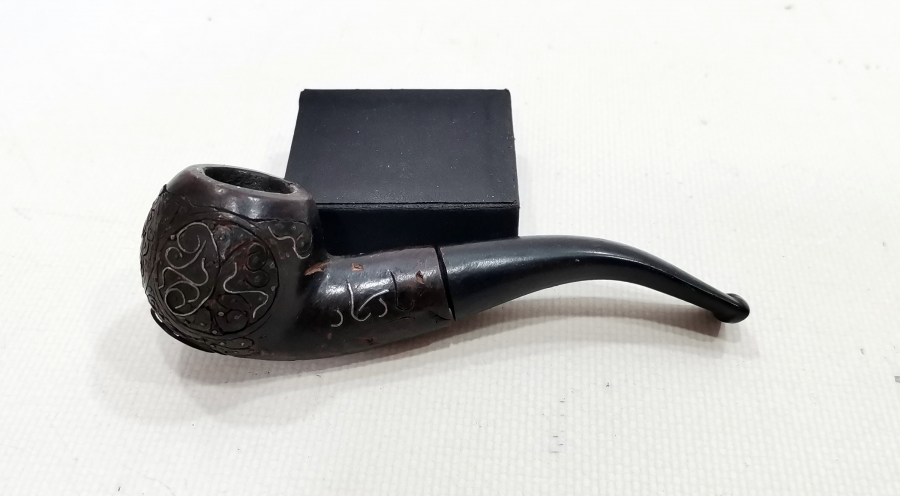 GÜMÜŞ ÇAKMA İŞÇİLİKLİ VE OSMANLICA YAZILI AFYON İŞİ PİPO