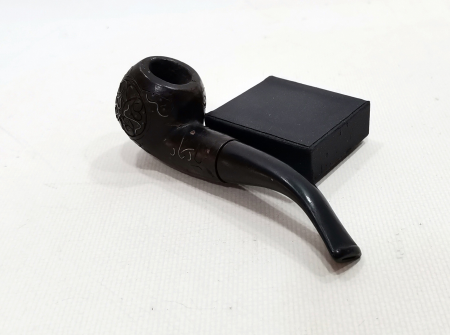 GÜMÜŞ ÇAKMA İŞÇİLİKLİ VE OSMANLICA YAZILI AFYON İŞİ PİPO