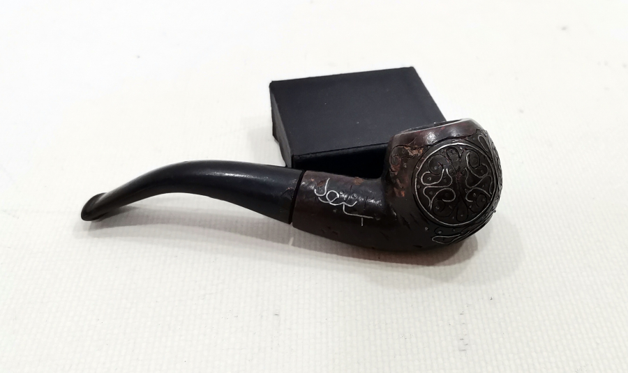 GÜMÜŞ ÇAKMA İŞÇİLİKLİ VE OSMANLICA YAZILI AFYON İŞİ PİPO