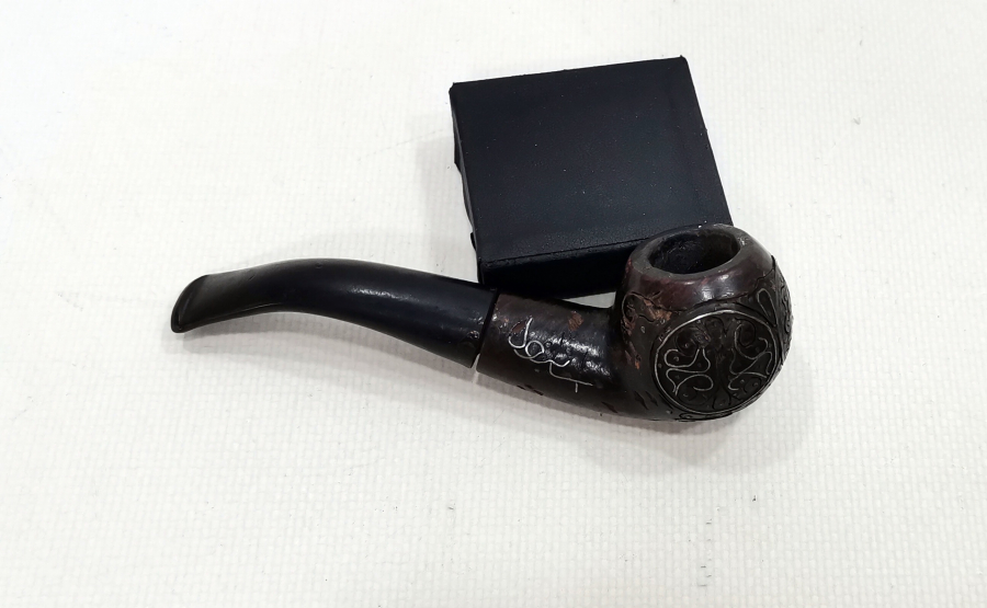 GÜMÜŞ ÇAKMA İŞÇİLİKLİ VE OSMANLICA YAZILI AFYON İŞİ PİPO