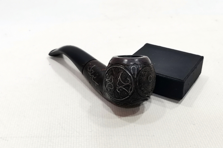 GÜMÜŞ ÇAKMA İŞÇİLİKLİ VE OSMANLICA YAZILI AFYON İŞİ PİPO