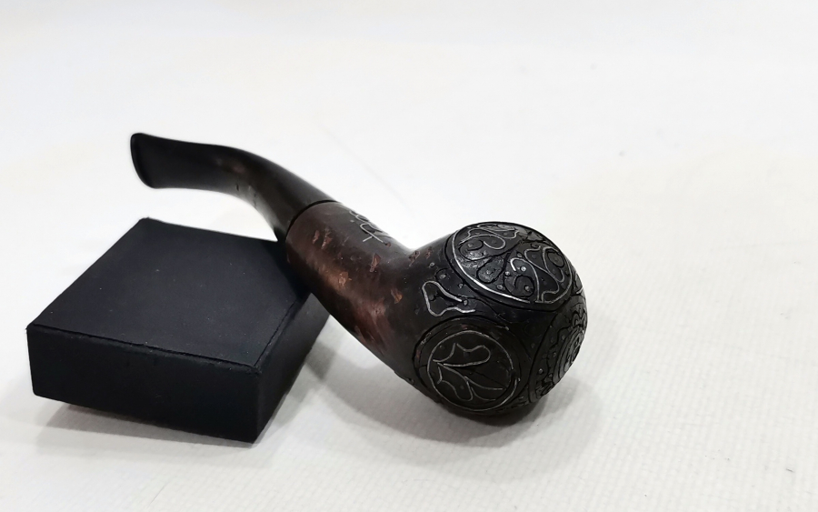 GÜMÜŞ ÇAKMA İŞÇİLİKLİ VE OSMANLICA YAZILI AFYON İŞİ PİPO