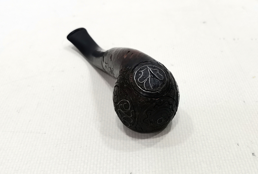 GÜMÜŞ ÇAKMA İŞÇİLİKLİ VE OSMANLICA YAZILI AFYON İŞİ PİPO