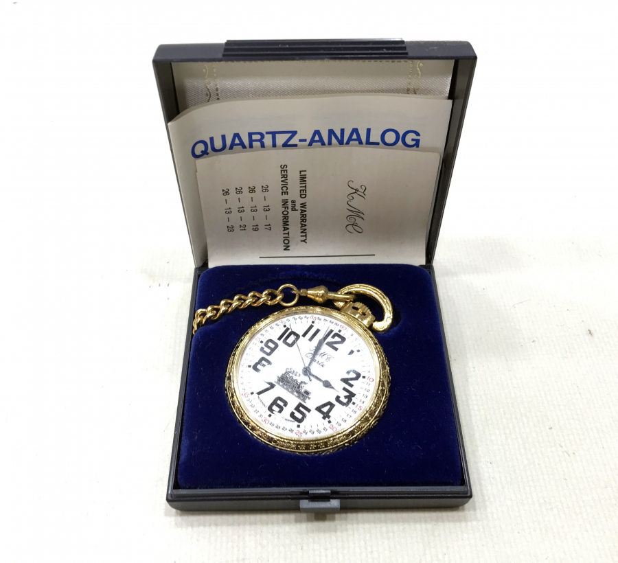 KML MARKA ORİJİNAL KUTUSUNDA VE ÇİL KONDİSYONDA ALTIN KAPLAMA ARKASI TRENLİ ANTİKA CEP SAATİ