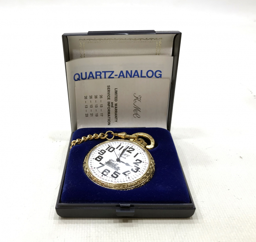 KML MARKA ORİJİNAL KUTUSUNDA VE ÇİL KONDİSYONDA ALTIN KAPLAMA ARKASI TRENLİ ANTİKA CEP SAATİ