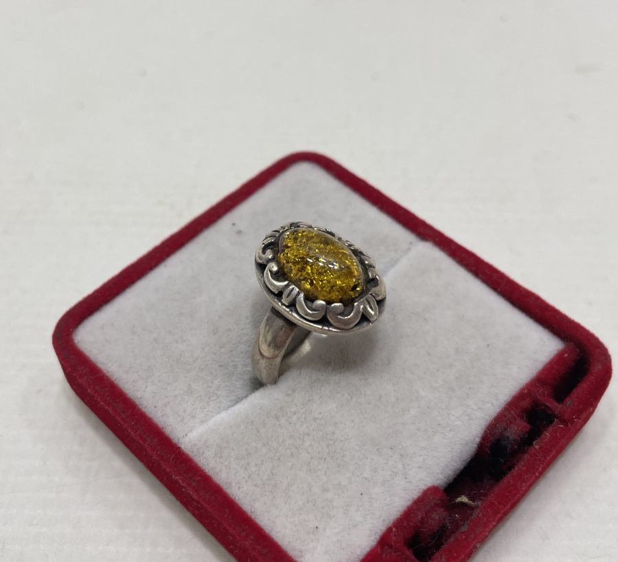 İÇİ FOSİLLİ DAMLA KEHRİBAR GÜMÜŞ YÜZÜK