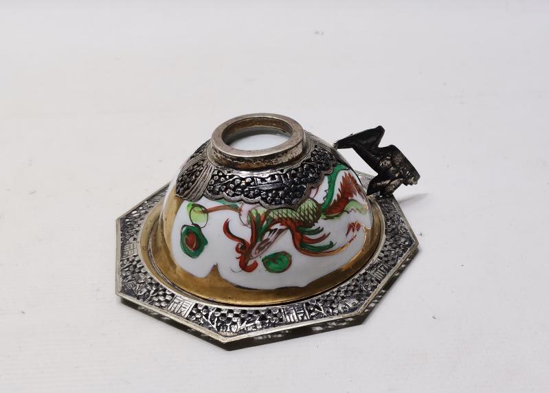 ESKİ JAPON İŞİ GÜMÜŞ & PORSELEN SAKE FİNCANI