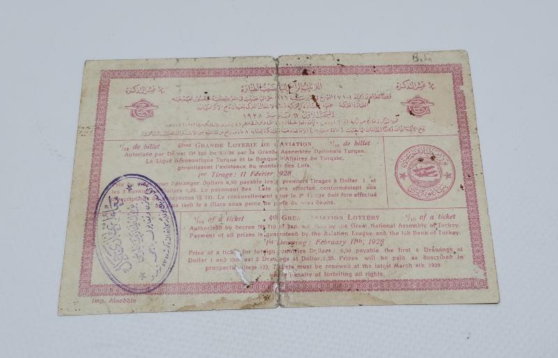 OSMANLICA TÜRK TAYYARE CEMİYETİ PİYANGO BİLETİ