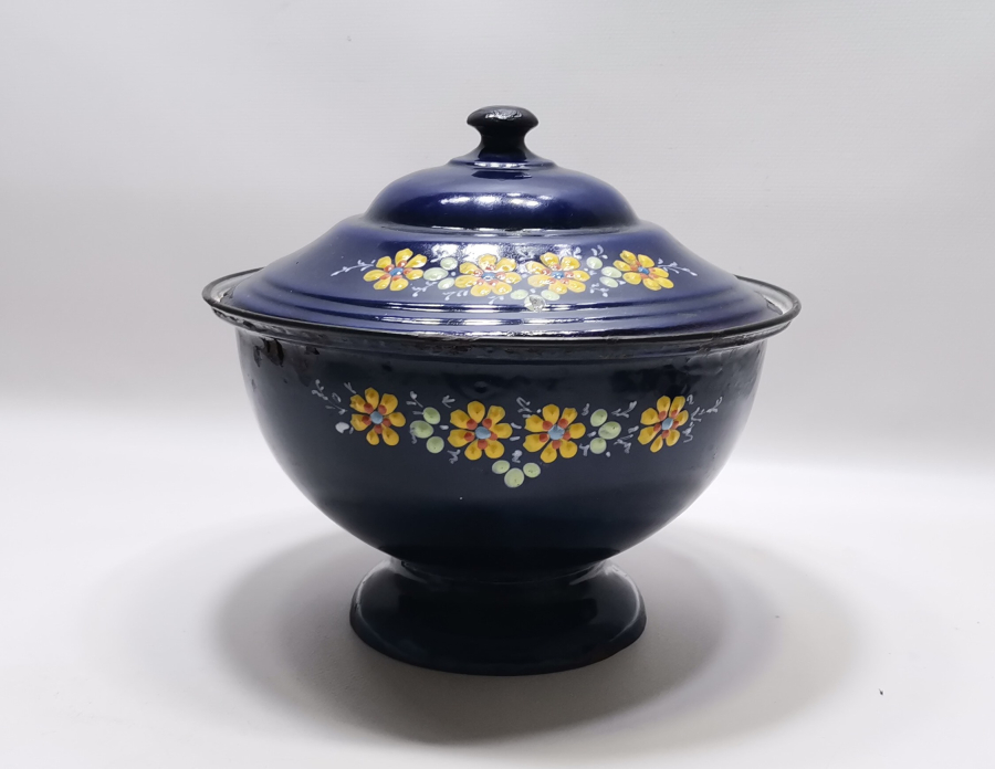 ALTI OSMANLICA YAZILI OSMANLI DÖNEMİ MİNELİ EMAYE KAPAKLI BÜYÜK BOY KASE