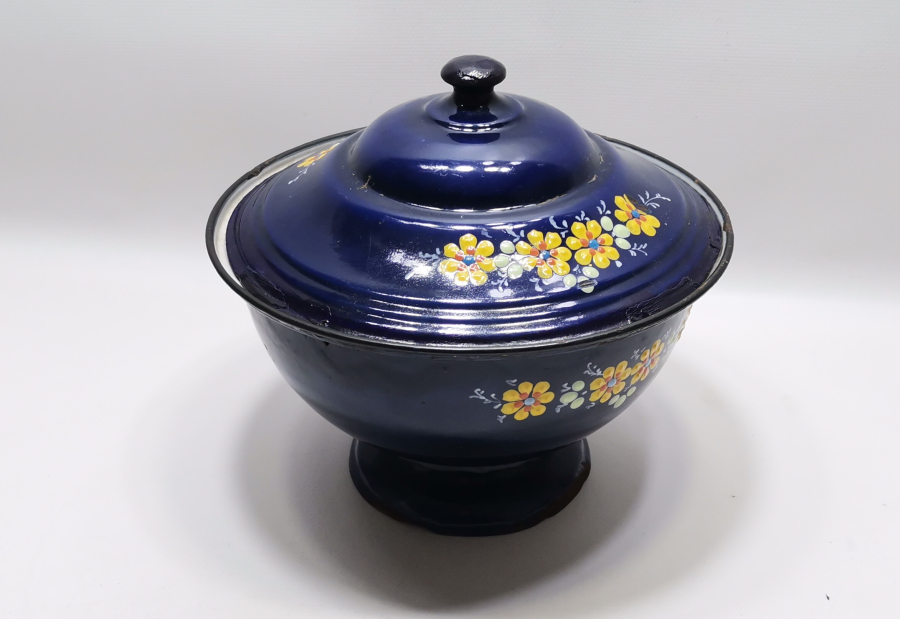 ALTI OSMANLICA YAZILI OSMANLI DÖNEMİ MİNELİ EMAYE KAPAKLI BÜYÜK BOY KASE