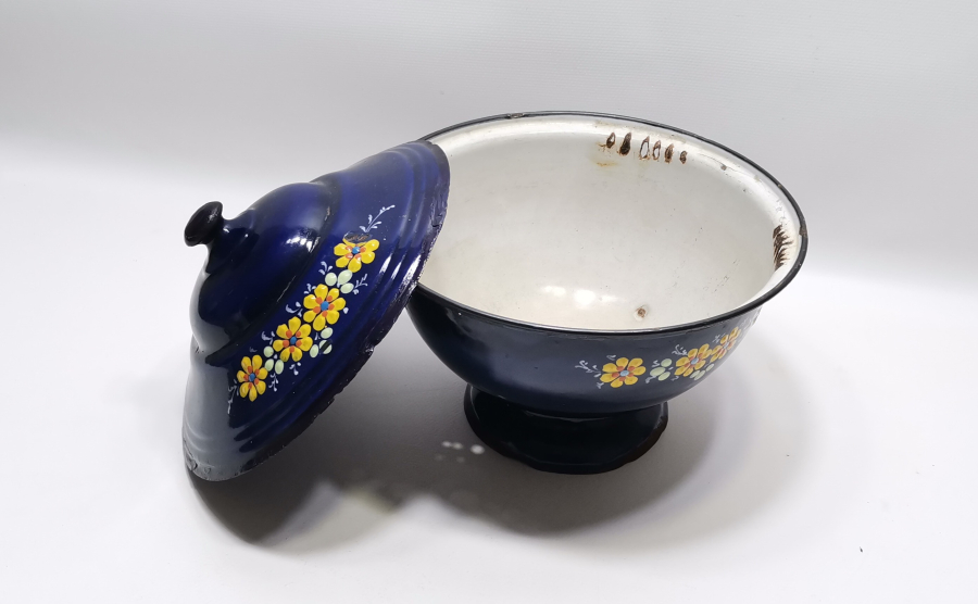 ALTI OSMANLICA YAZILI OSMANLI DÖNEMİ MİNELİ EMAYE KAPAKLI BÜYÜK BOY KASE