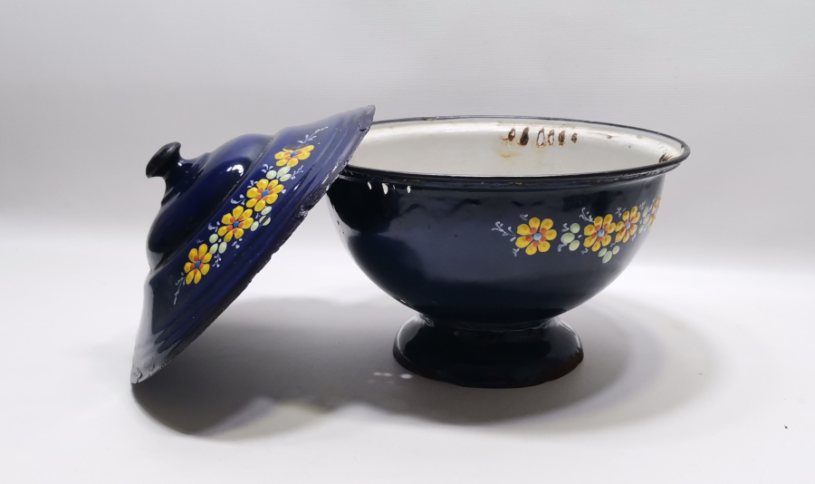 ALTI OSMANLICA YAZILI OSMANLI DÖNEMİ MİNELİ EMAYE KAPAKLI BÜYÜK BOY KASE