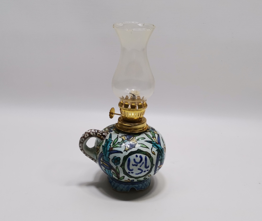 ÜZERİ OSMANLICA YAZILI KÜTAHYA İŞİ ANTİKA GAZ LAMBASI - GERDEK LAMBASI