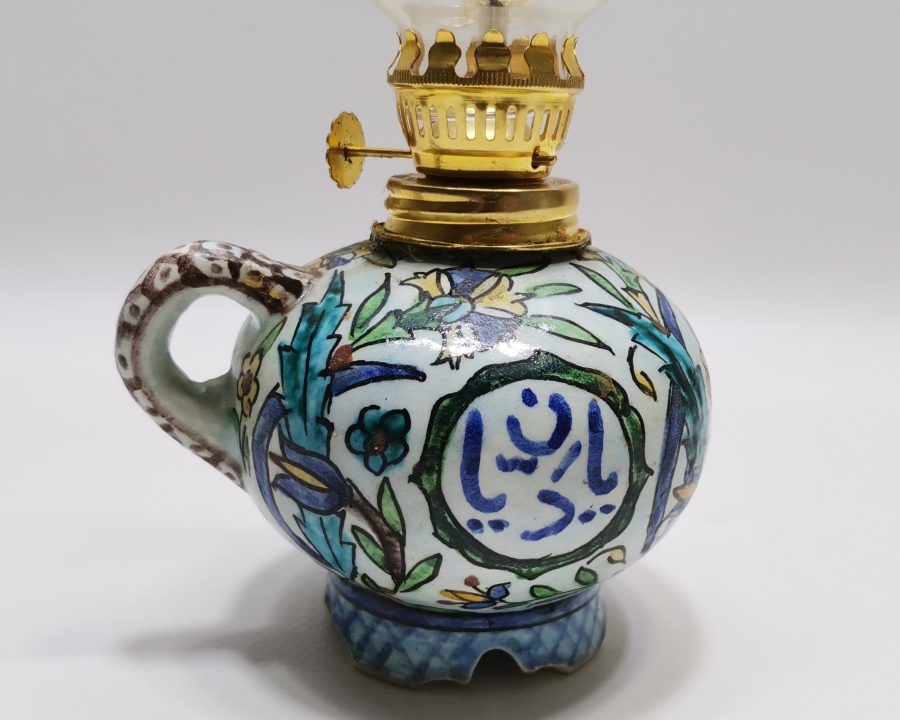 ÜZERİ OSMANLICA YAZILI KÜTAHYA İŞİ ANTİKA GAZ LAMBASI - GERDEK LAMBASI