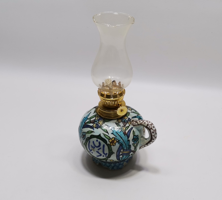 ÜZERİ OSMANLICA YAZILI KÜTAHYA İŞİ ANTİKA GAZ LAMBASI - GERDEK LAMBASI