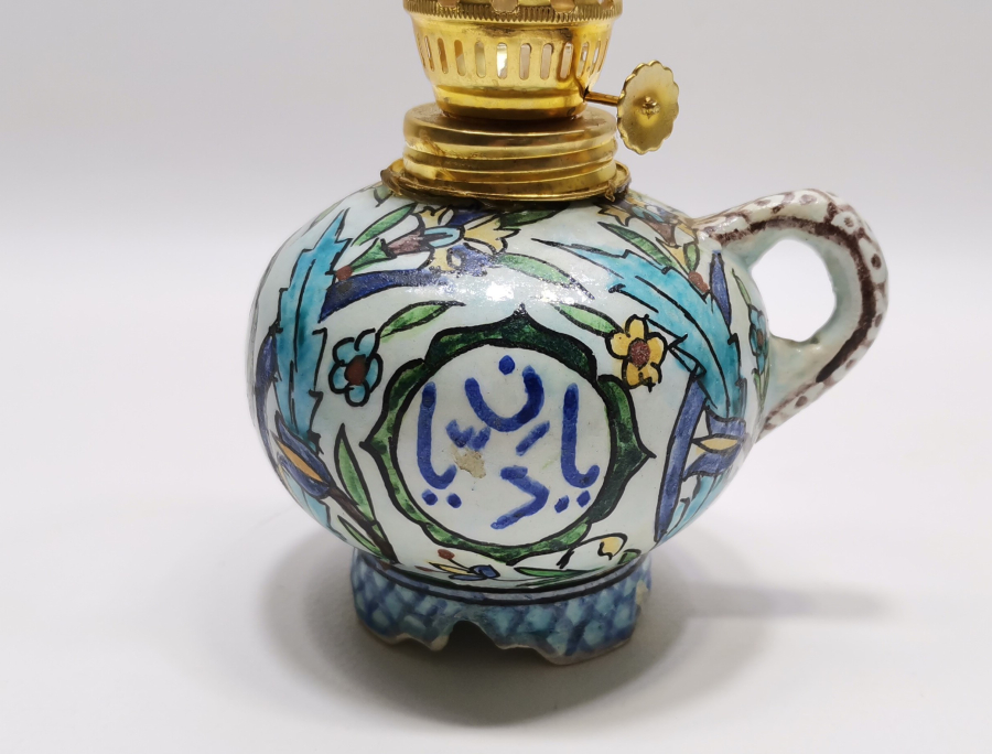 ÜZERİ OSMANLICA YAZILI KÜTAHYA İŞİ ANTİKA GAZ LAMBASI - GERDEK LAMBASI