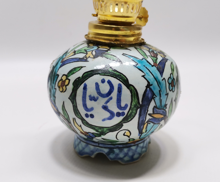 ÜZERİ OSMANLICA YAZILI KÜTAHYA İŞİ ANTİKA GAZ LAMBASI - GERDEK LAMBASI