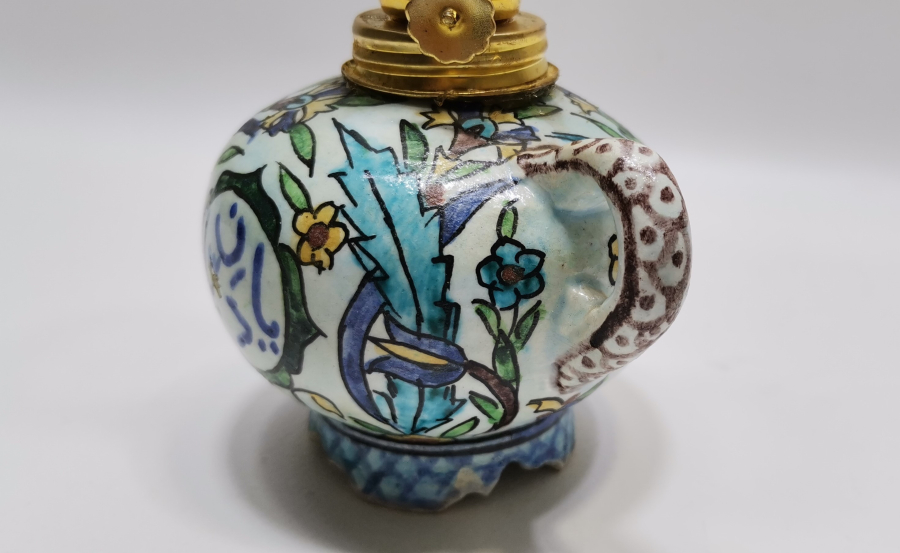 ÜZERİ OSMANLICA YAZILI KÜTAHYA İŞİ ANTİKA GAZ LAMBASI - GERDEK LAMBASI