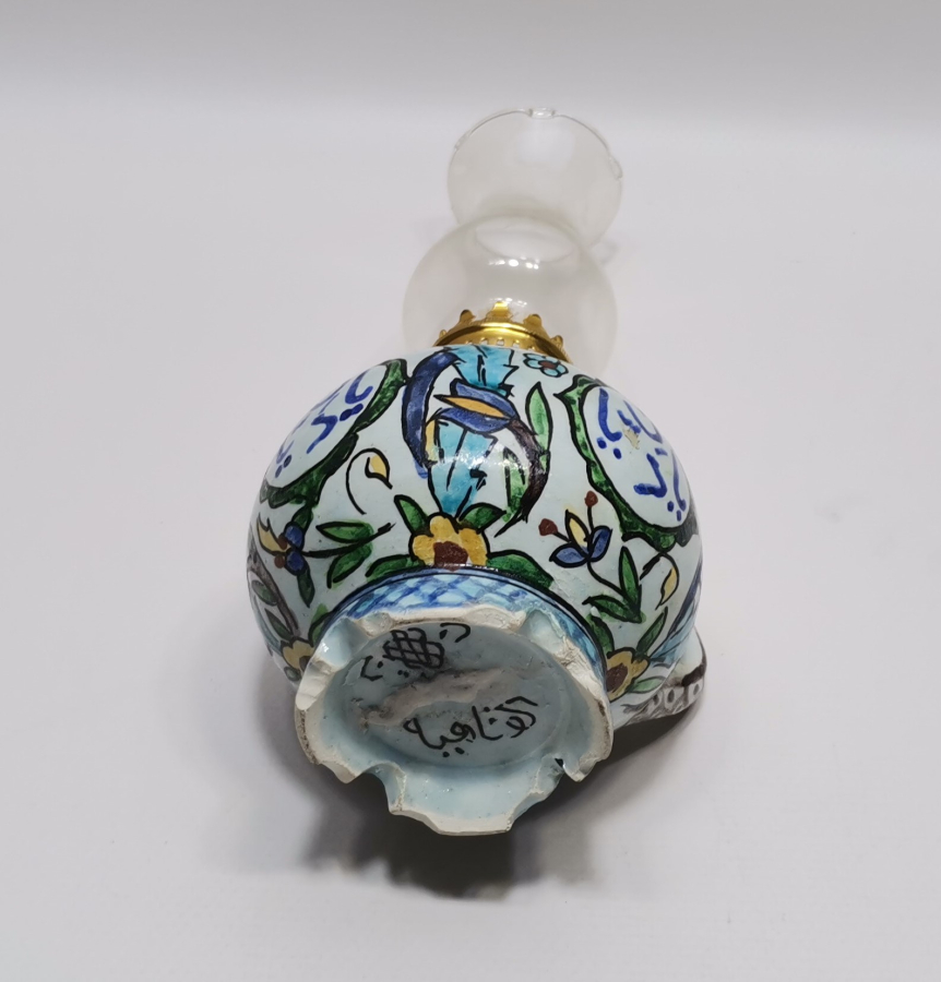 ÜZERİ OSMANLICA YAZILI KÜTAHYA İŞİ ANTİKA GAZ LAMBASI - GERDEK LAMBASI