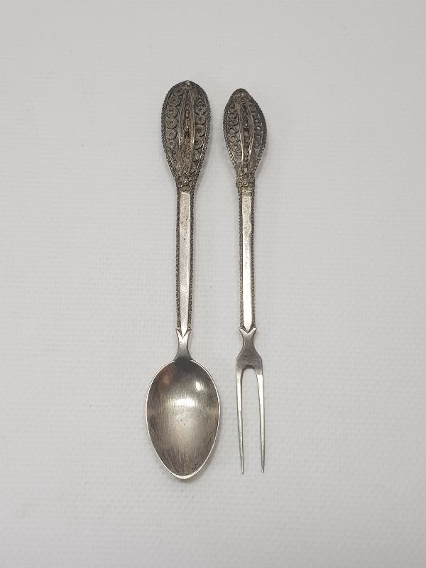 OSMANLI DÖNEMİ İZMİR İŞİ TUĞRALI, SAH DAMGALI GÜMÜŞ ÇATAL KAŞIK