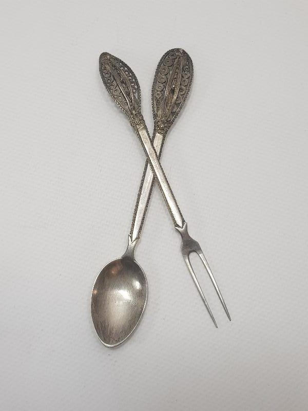 OSMANLI DÖNEMİ İZMİR İŞİ TUĞRALI, SAH DAMGALI GÜMÜŞ ÇATAL KAŞIK