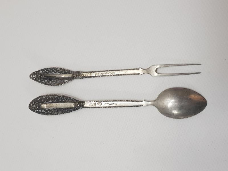 OSMANLI DÖNEMİ İZMİR İŞİ TUĞRALI, SAH DAMGALI GÜMÜŞ ÇATAL KAŞIK