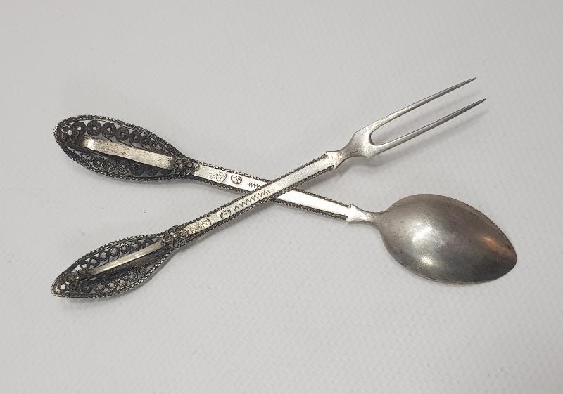 OSMANLI DÖNEMİ İZMİR İŞİ TUĞRALI, SAH DAMGALI GÜMÜŞ ÇATAL KAŞIK