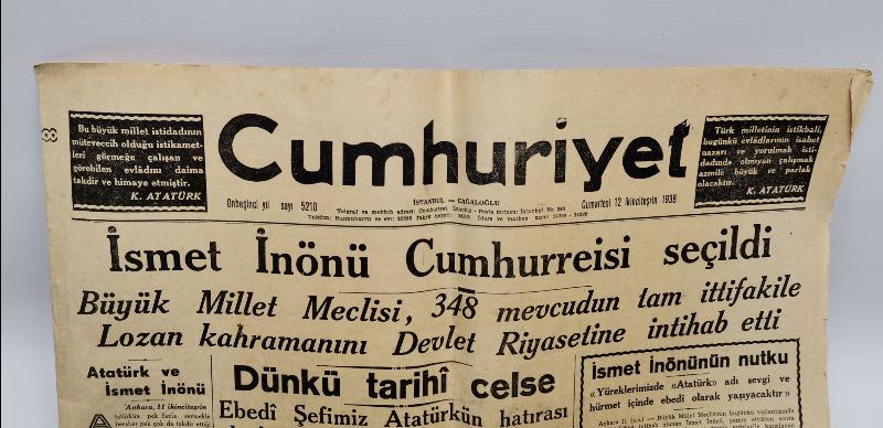 12 KASIM 1938 CUMHURİYET GAZETESİ - ATATÜRK'ÜN VEFAT HABERLERİ  