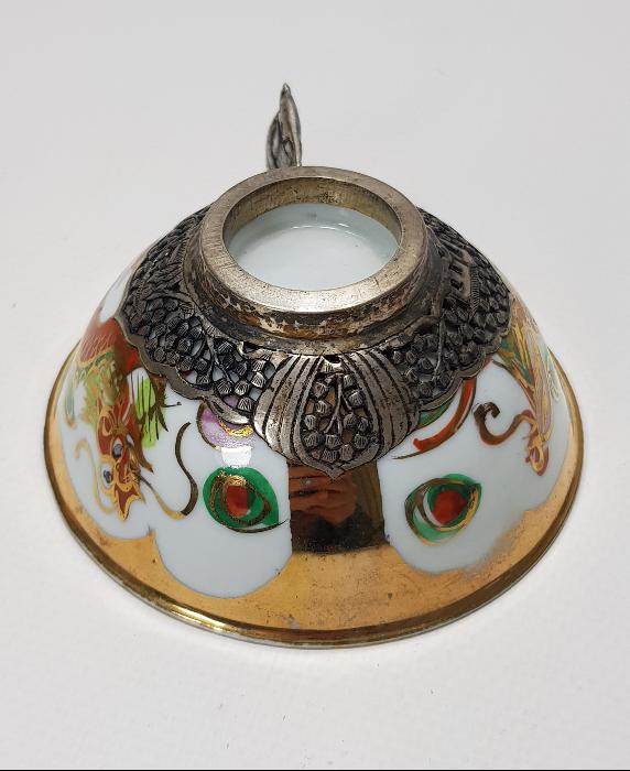 ESKİ JAPON İŞİ GÜMÜŞ & PORSELEN SAKE FİNCANI