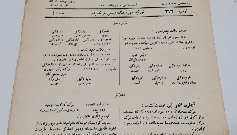 1926 TARİHLİ OSMANLICA CERİDE-İ RESMİYE GAZETESİ 