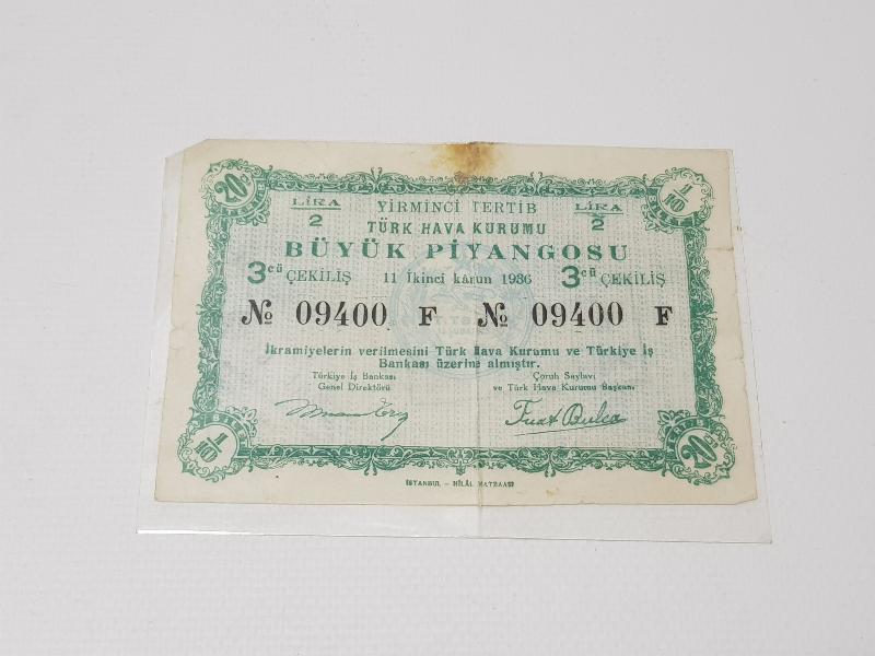 1936 TÜRK HAVA KURUMU BÜYÜK PİYANGOSU BİLETİ 