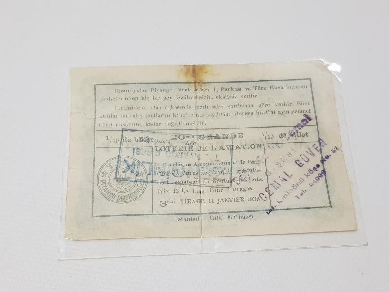 1936 TÜRK HAVA KURUMU BÜYÜK PİYANGOSU BİLETİ 