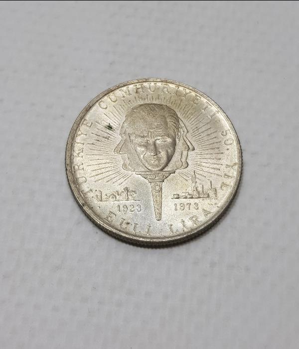 1973 CUMHURİYETİN 50. YILI GÜMÜŞ 50 LİRA HATIRA PARA